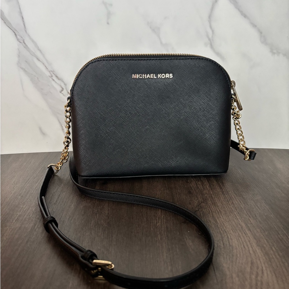 Michael Kors Cindy Black Leather Gold Hardware Dome Crossbody bag